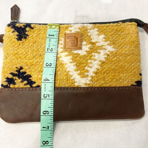 Achiote Guatemalan Goods Wool Full Grain Leather Pouch yellow Aztec - Picture 8 of 9